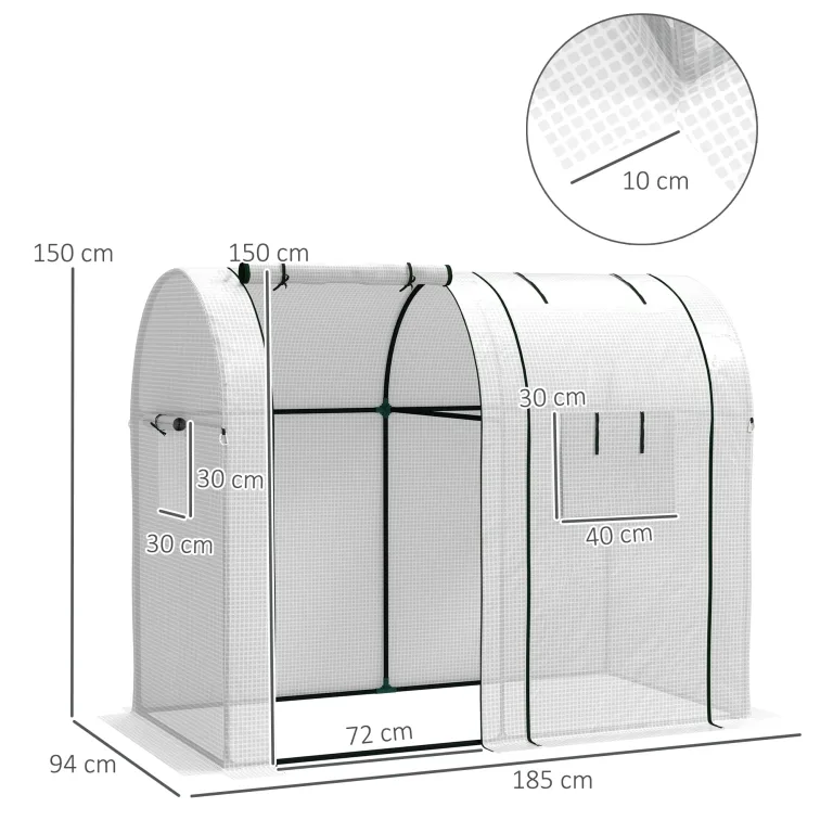 Outsunny Gartengewächshaus 1,8 m² Tomatenhaus Abm. 1,85L x 0,9l x 1,5H m 2 Rolltüren mit Reißverschluss 4 Rollfenster Stahl PE mit hoher Dichte 135 g/m² UV-beständig weiß – Bild 5