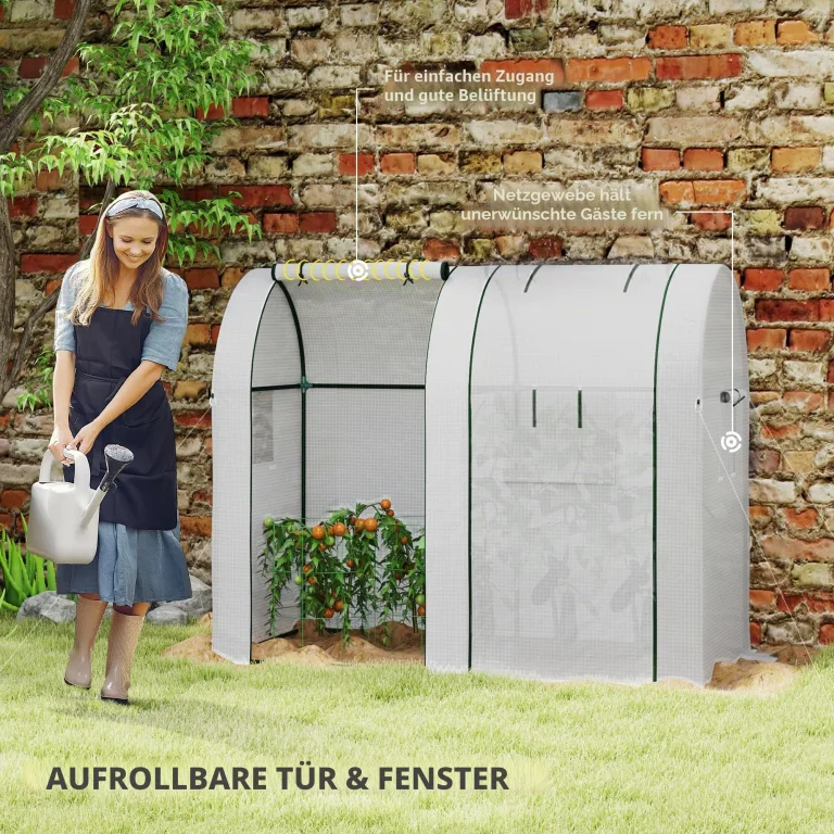 Outsunny Gartengewächshaus 1,8 m² Tomatenhaus Abm. 1,85L x 0,9l x 1,5H m 2 Rolltüren mit Reißverschluss 4 Rollfenster Stahl PE mit hoher Dichte 135 g/m² UV-beständig weiß – Bild 6