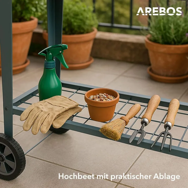 Arebos Hochbeet mit Rädern und Ablage 108 x 51 x 80 cm | Frühbeet Kräuterbeet Blumenkasten Garten Terassen Gemüsebeet Gartenbeet Blumenkübel für Balkon | ideal für den Anbau von Gemüse Obst Kräutern – Bild 6