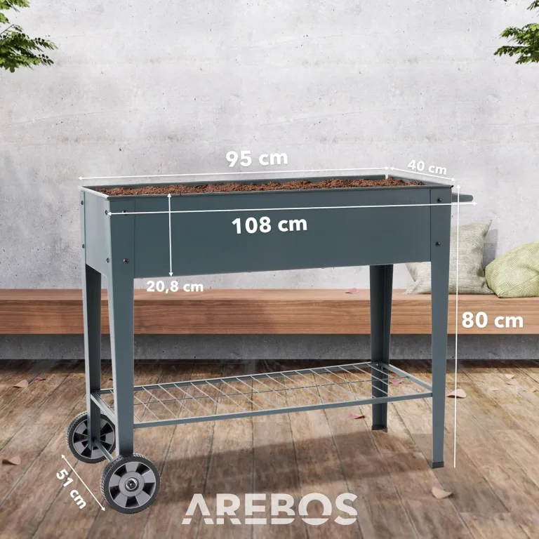 Arebos Hochbeet mit Rädern und Ablage 108 x 51 x 80 cm | Frühbeet Kräuterbeet Blumenkasten Garten Terassen Gemüsebeet Gartenbeet Blumenkübel für Balkon | ideal für den Anbau von Gemüse Obst Kräutern – Bild 7