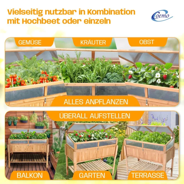 Coemo Hochbeet mit Frühbeetaufsatz 90 × 40 × 120 cm – ergonomisches Gartenbeet aus Holz – wetterfest & nachhaltig – für Gemüse, Kräuter & Blumen – rückenschonend mit Stauraum & einfacher Montage – Bild 7