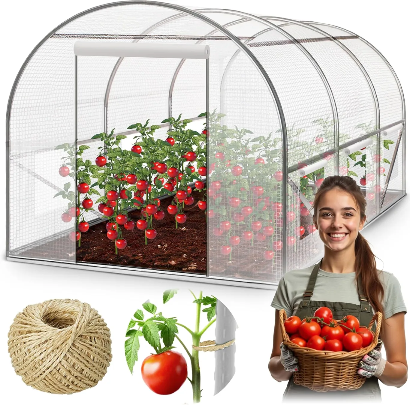 Garten-Gewächshaus Tunnel 2 × 4,5 m - 9 m² Folientunnel mit Stahlrahmen | PE-Folie 140 g/m² UV-beständig | 8 Fenster mit Moskitonetz | Pflanzenschutz | Weiß - Bild 1