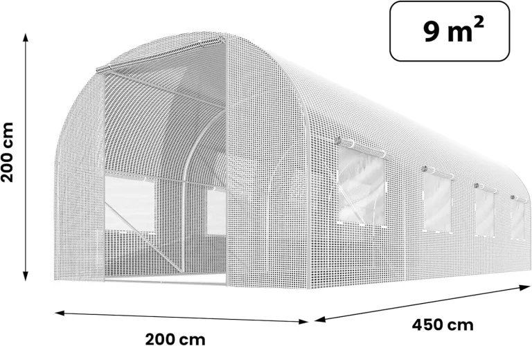Garten-Gewächshaus Tunnel 2 × 4,5 m - 9 m² Folientunnel mit Stahlrahmen | PE-Folie 140 g/m² UV-beständig | 8 Fenster mit Moskitonetz | Pflanzenschutz | Weiß – Bild 4