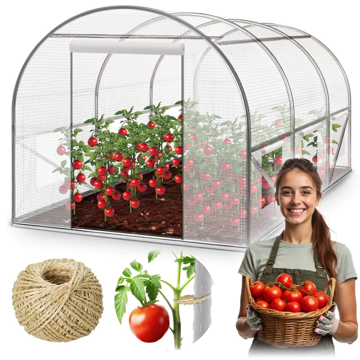 Garten-Gewächshaus Tunnel 2 × 3,5 m - 7 m² Folientunnel mit Stahlrahmen | PE-Folie 140 g/m² UV-beständig | 6 Fenster mit Moskitonetz | Pflanzenschutz | Weiß - Bild 1