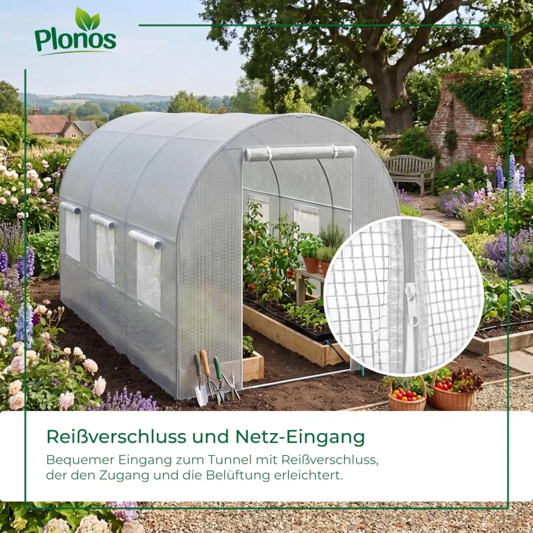 Garten-Gewächshaus Tunnel 2 × 3,5 m - 7 m² Folientunnel mit Stahlrahmen | PE-Folie 140 g/m² UV-beständig | 6 Fenster mit Moskitonetz | Pflanzenschutz | Weiß – Bild 9