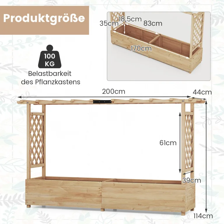 COSTWAY Blumenkasten mit Rankgitter & hängendem Dach, Pflanzkasten mit Rankhilfe, Hochbeet für Kletterpflanzen & hängende Körbe, für Hof Garten Terrasse, Pflanzkübel Holz, Natur (200x44x114cm) – Bild 6
