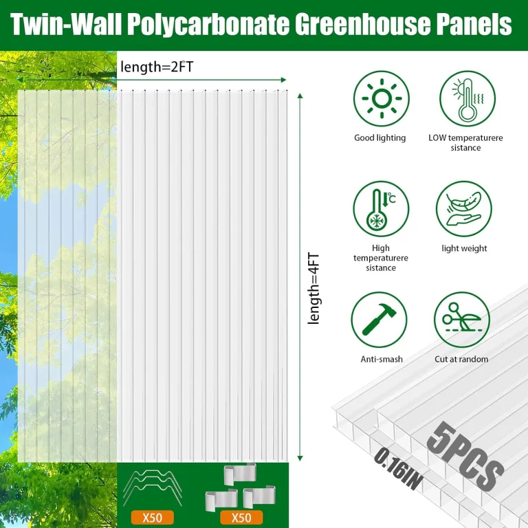 5X Doppelstegplatten 4mm - 60.5x121cm Hohlkammerplatten Zuschneidbar Polycarbonat Gewächshausplatte UV-beständigen für Gewächshaus Carports Terrassenüberdachung Garten – Bild 2