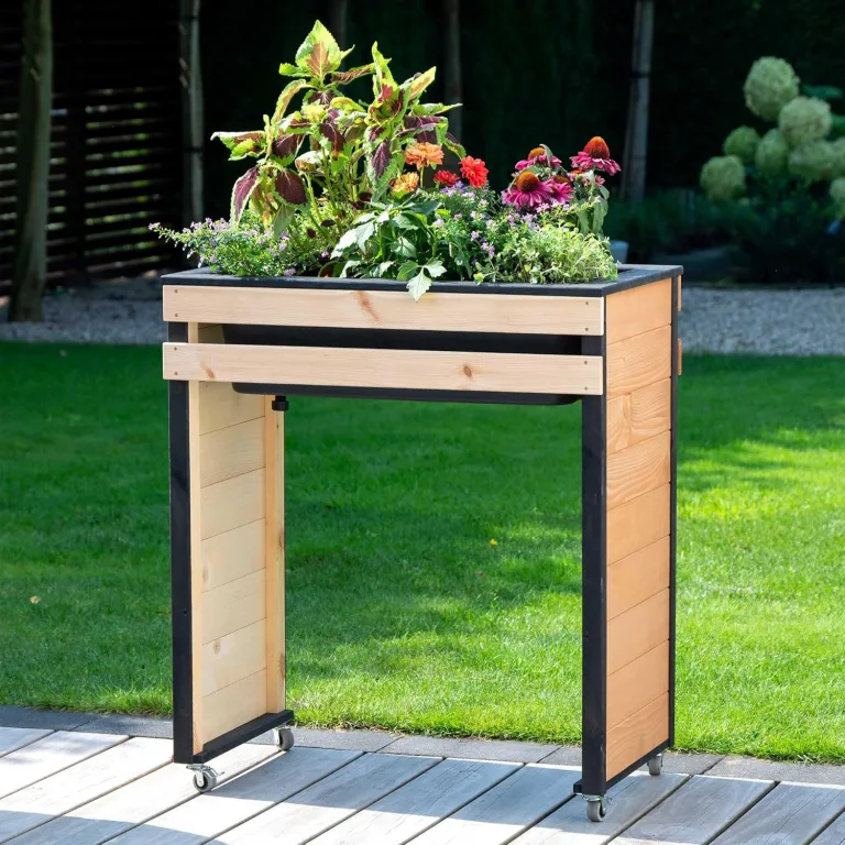 dobar® Hochbeet Wheely Gr. M für Rollstuhlfahrer - Pflanzkasten aus Holz aus Rollen mit Pflanzkübel - Kräuterbeet für Indoor und Outdoor - Balkon-Hochbeet, Natur – Bild 4