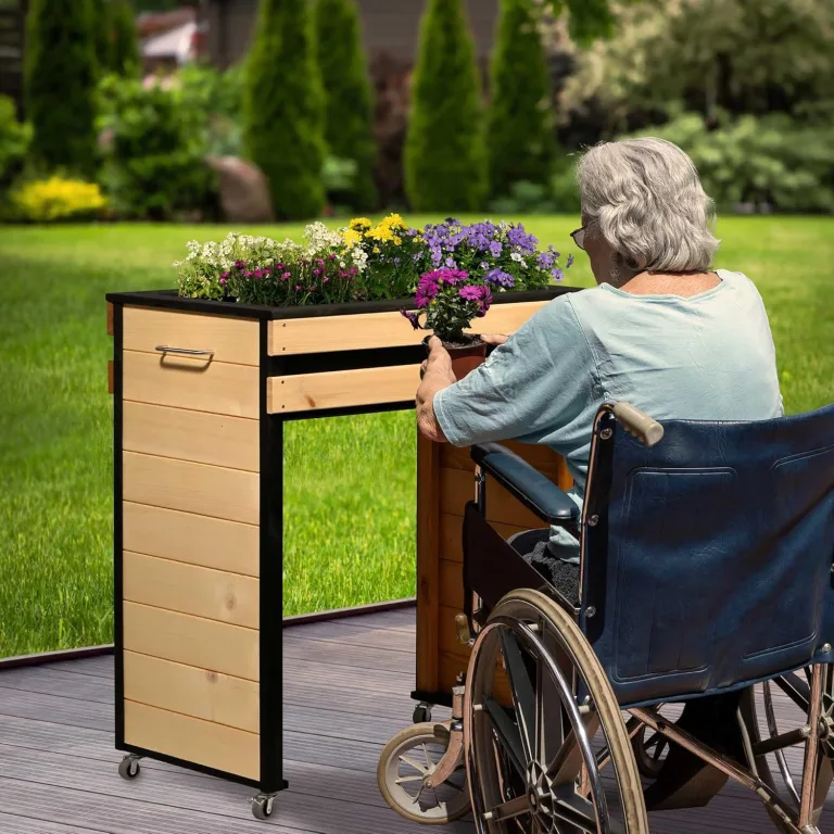dobar® Hochbeet Wheely Gr. M für Rollstuhlfahrer - Pflanzkasten aus Holz aus Rollen mit Pflanzkübel - Kräuterbeet für Indoor und Outdoor - Balkon-Hochbeet, Natur – Bild 6