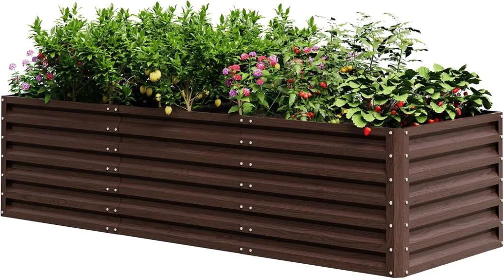 UDPATIO Hochbeet aus Metall,240x60x90 cm,Zink-Aluminium Freistehendes Hochbeete für Garten und Balkon, 1296 L Pflanzkasten für Garten, zum Anbau von Gemüse, Blumen und Obst, Rot Holz-Effekt