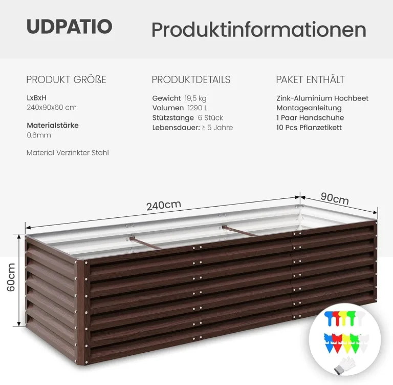 UDPATIO Hochbeet aus Metall,240x60x90 cm,Zink-Aluminium Freistehendes Hochbeete für Garten und Balkon, 1296 L Pflanzkasten für Garten, zum Anbau von Gemüse, Blumen und Obst, Rot Holz-Effekt – Bild 2