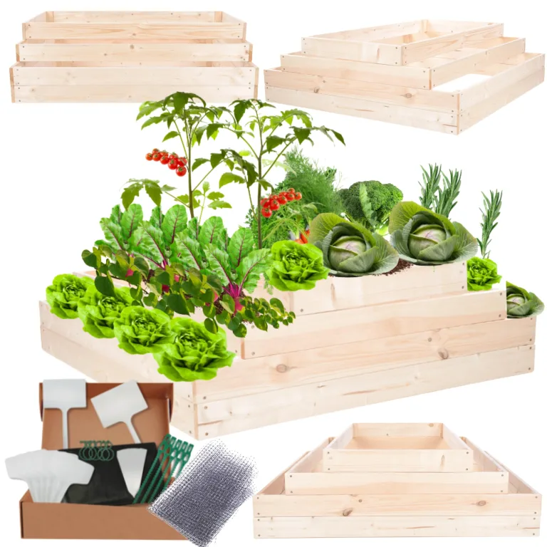 Hochbeet Holz, Kräuterbeet, Gartenbeet, Pflanzbeet, Blumenbeet, Stufenbeet, für Garten und Terrasse, Kiefernholz, Massivholz, höhenverstellbar, Abmessungen 36x117x100 cm, Farbe: Natur – Bild 1