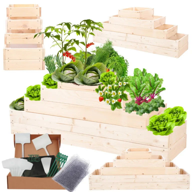Hochbeet Holz, Kräuterbeet, Gartenbeet, Pflanzbeet, Blumenbeet, Stufenbeet, für Garten und Terrasse, Kiefernholz, Massivholz, höhenverstellbar, Abmessungen 45x117x30 cm, Farbe: Natur – Bild 1