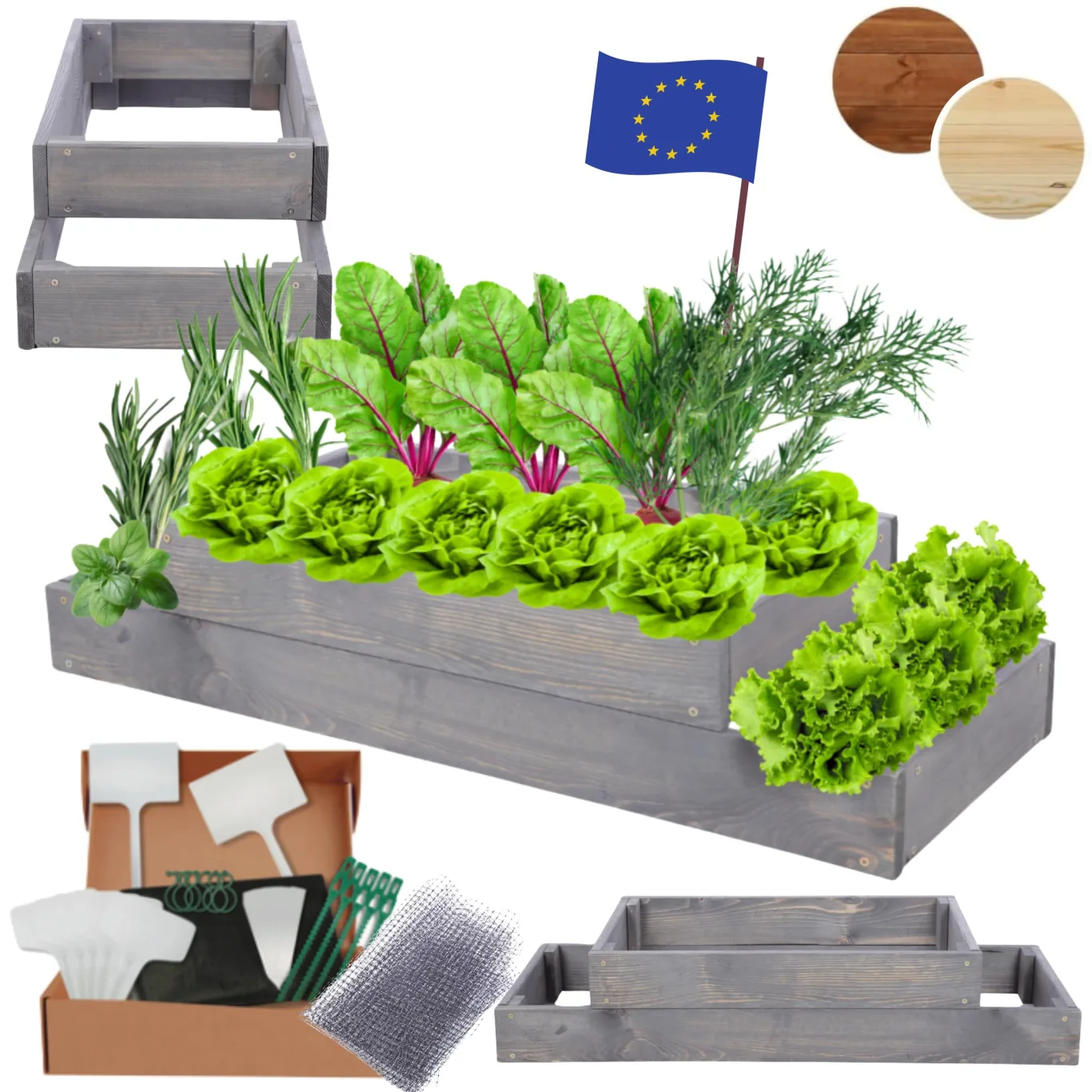 Hochbeet Holz, Kräuterbeet, Gartenbeet, Pflanzbeet, Blumenbeet, Stufenbeet, für Garten und Terrasse, Kiefernholz, Massivholz, höhenverstellbar, Abmessungen 18x90x30 cm, Farbe: Grau - Bild 1