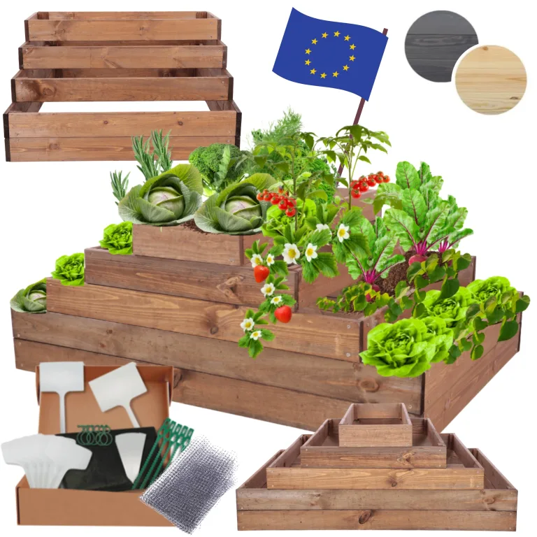 Hochbeet Holz, Kräuterbeet, Gartenbeet, Pflanzbeet, Blumenbeet, Stufenbeet, für Garten und Terrasse, Kiefernholz, Massivholz, höhenverstellbar, Abmessungen 45x117x80 cm, Farbe: Braun – Bild 1