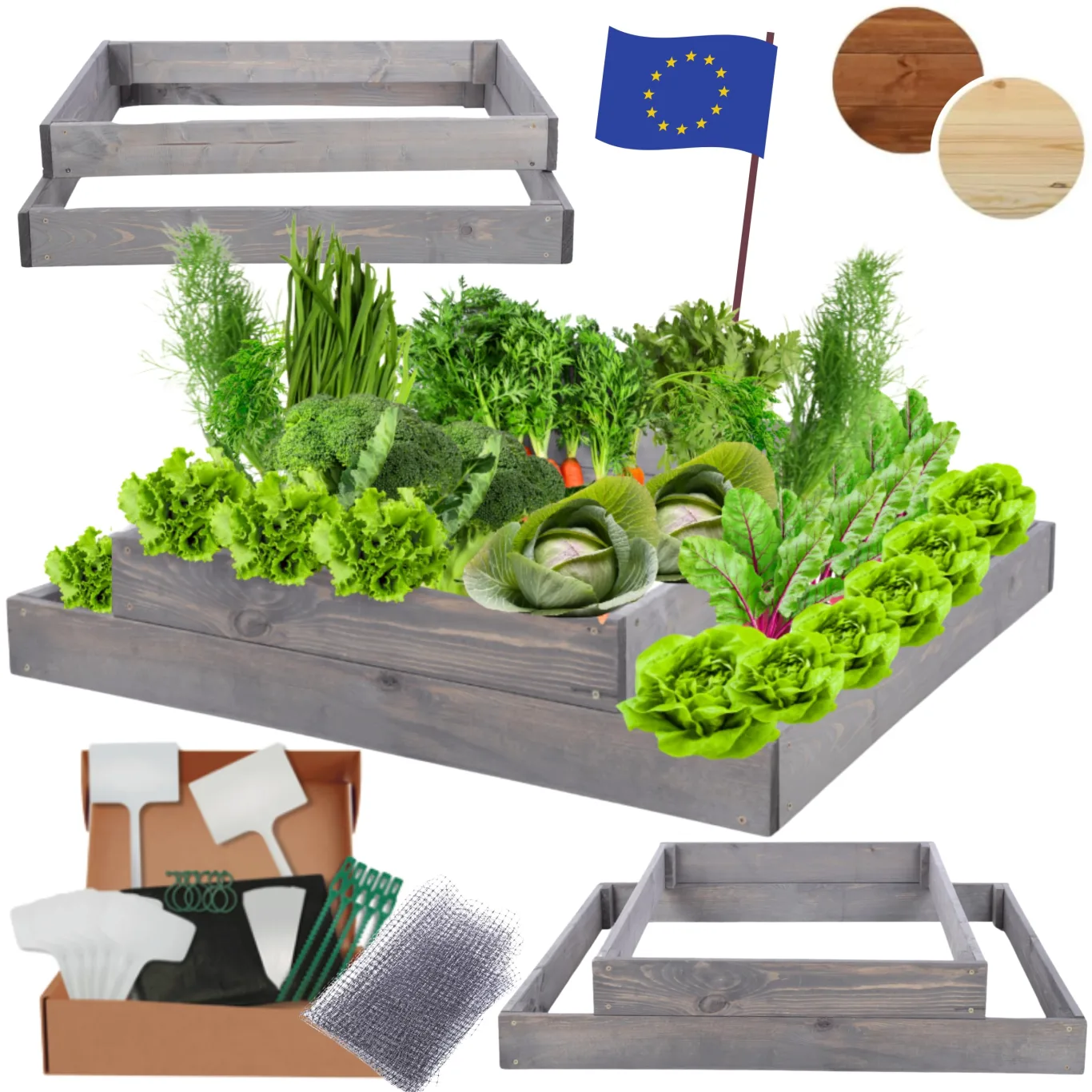 Hochbeet Holz, Kräuterbeet, Gartenbeet, Pflanzbeet, Blumenbeet, Stufenbeet, für Garten und Terrasse, Kiefernholz, Massivholz, höhenverstellbar, Abmessungen 18x90x80 cm, Farbe: Grau - Bild 1