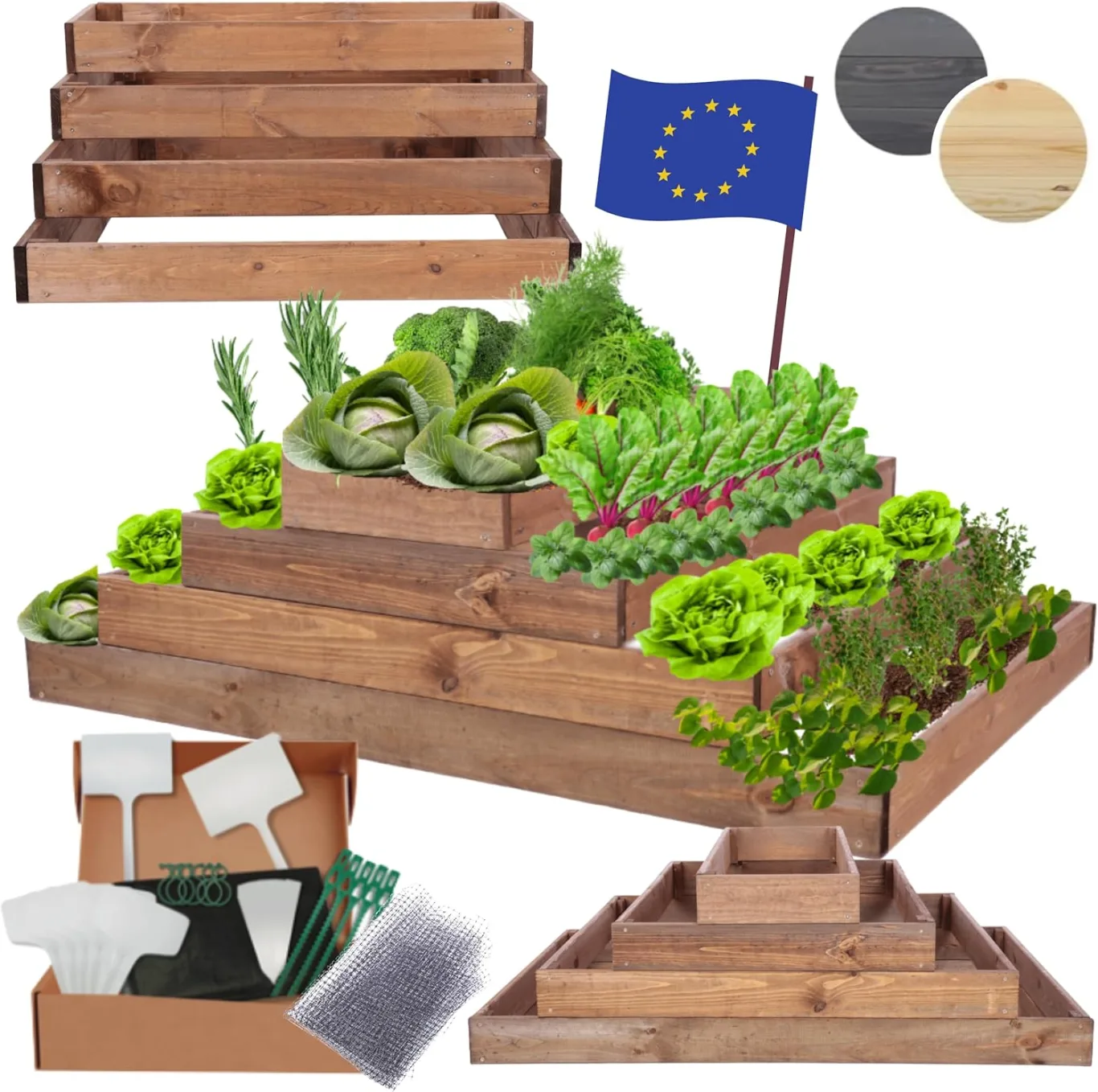 Hochbeet Holz, Kräuterbeet, Gartenbeet, Pflanzbeet, Blumenbeet, Stufenbeet, für Garten und Terrasse, Kiefernholz, Massivholz, höhenverstellbar, Abmessungen 36x117x80 cm, Farbe: Braun - Bild 1