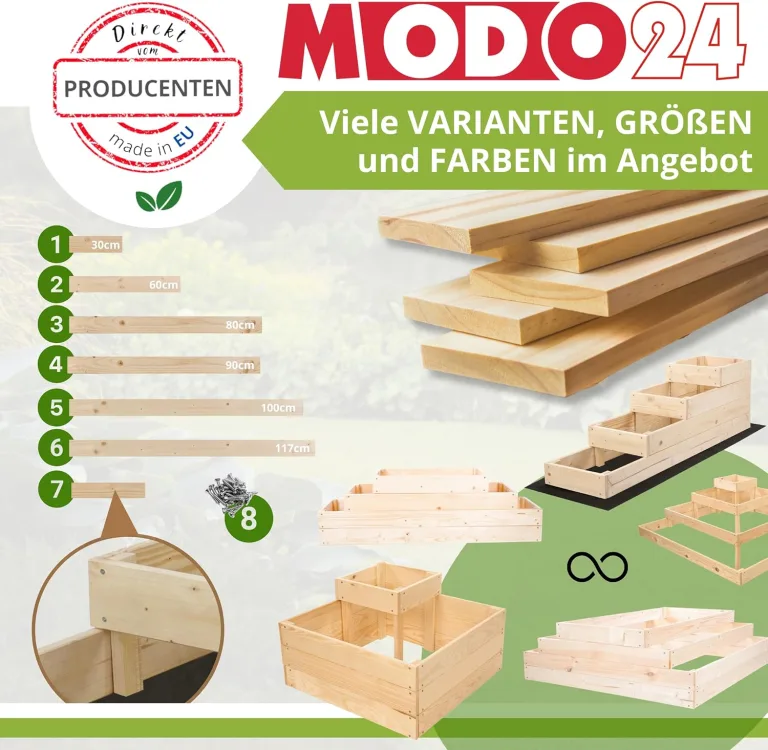 Hochbeet Holz, Kräuterbeet, Gartenbeet, Pflanzbeet, Blumenbeet, Stufenbeet, für Garten und Terrasse, Kiefernholz, Massivholz, höhenverstellbar, Abmessungen 36x117x80 cm, Farbe: Braun – Bild 7