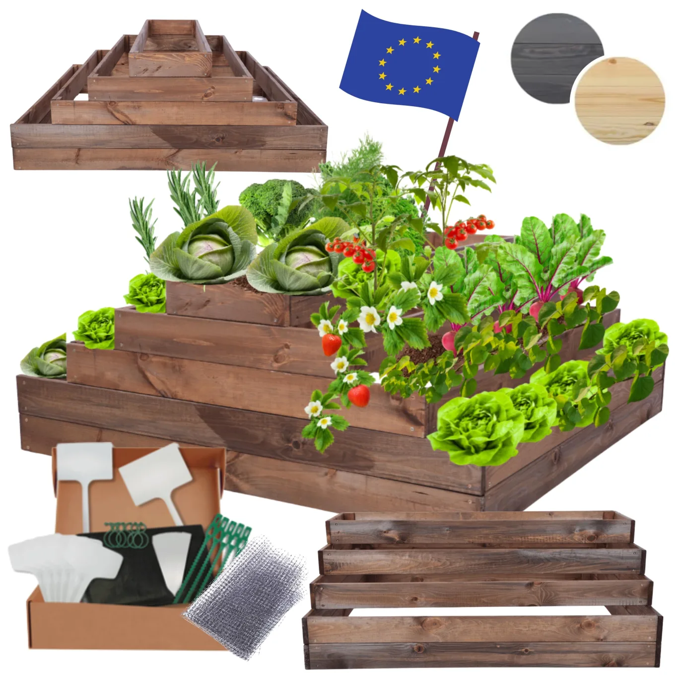Hochbeet Holz, Kräuterbeet, Gartenbeet, Pflanzbeet, Blumenbeet, Stufenbeet, für Garten und Terrasse, Kiefernholz, Massivholz, höhenverstellbar, Abmessungen 45x117x100 cm, Farbe: Braun - Bild 1