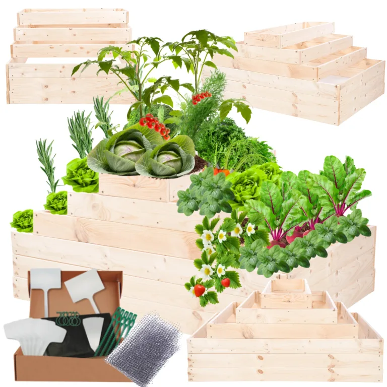 Hochbeet Holz, Kräuterbeet, Gartenbeet, Pflanzbeet, Blumenbeet, Stufenbeet, für Garten und Terrasse, Kiefernholz, Massivholz, höhenverstellbar, Abmessungen 54x117x100 cm, Farbe: Natur – Bild 1