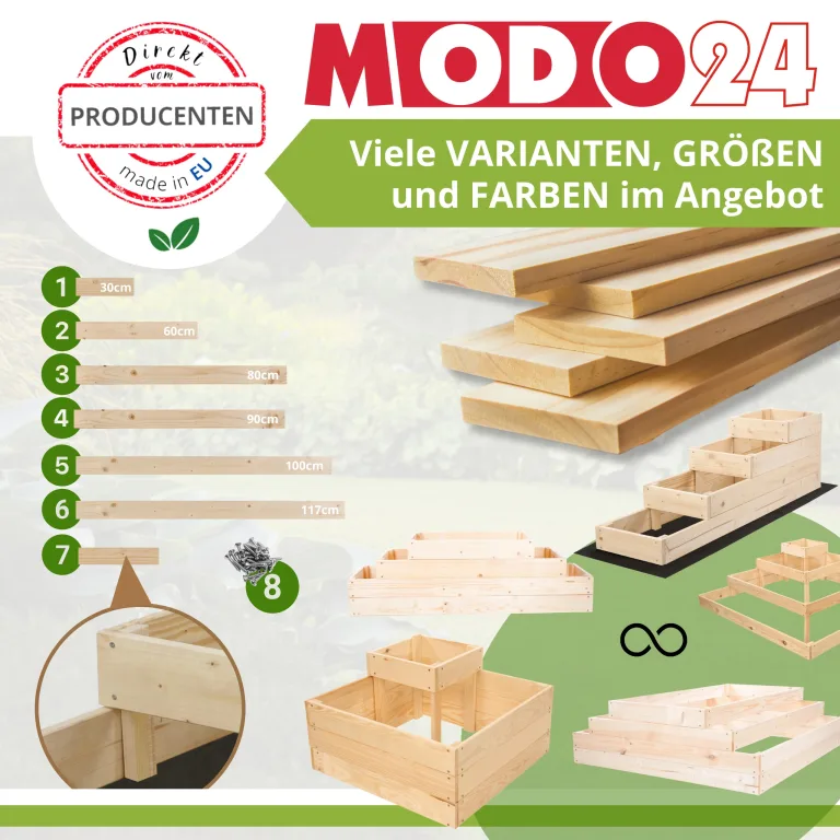 Hochbeet Holz, Kräuterbeet, Gartenbeet, Pflanzbeet, Blumenbeet, Stufenbeet, für Garten und Terrasse, Kiefernholz, Massivholz, höhenverstellbar, Abmessungen 18x60x80 cm, Farbe: Grau – Bild 7