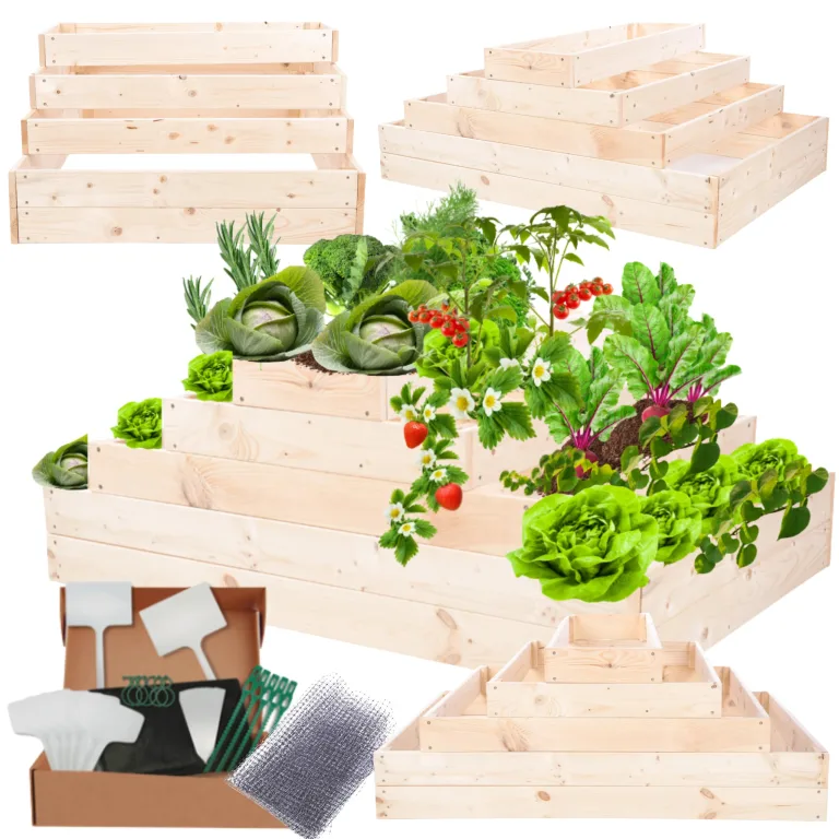 Hochbeet Holz, Kräuterbeet, Gartenbeet, Pflanzbeet, Blumenbeet, Stufenbeet, für Garten und Terrasse, Kiefernholz, Massivholz, höhenverstellbar, Abmessungen 45x117x60 cm, Farbe: Natur – Bild 1