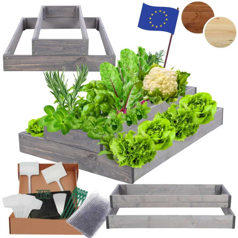 Hochbeet Holz, Kräuterbeet, Gartenbeet, Pflanzbeet, Blumenbeet, Stufenbeet, für Garten und Terrasse, Kiefernholz, Massivholz, höhenverstellbar, Abmessungen 18x60x90 cm, Farbe: Grau – Bild 1