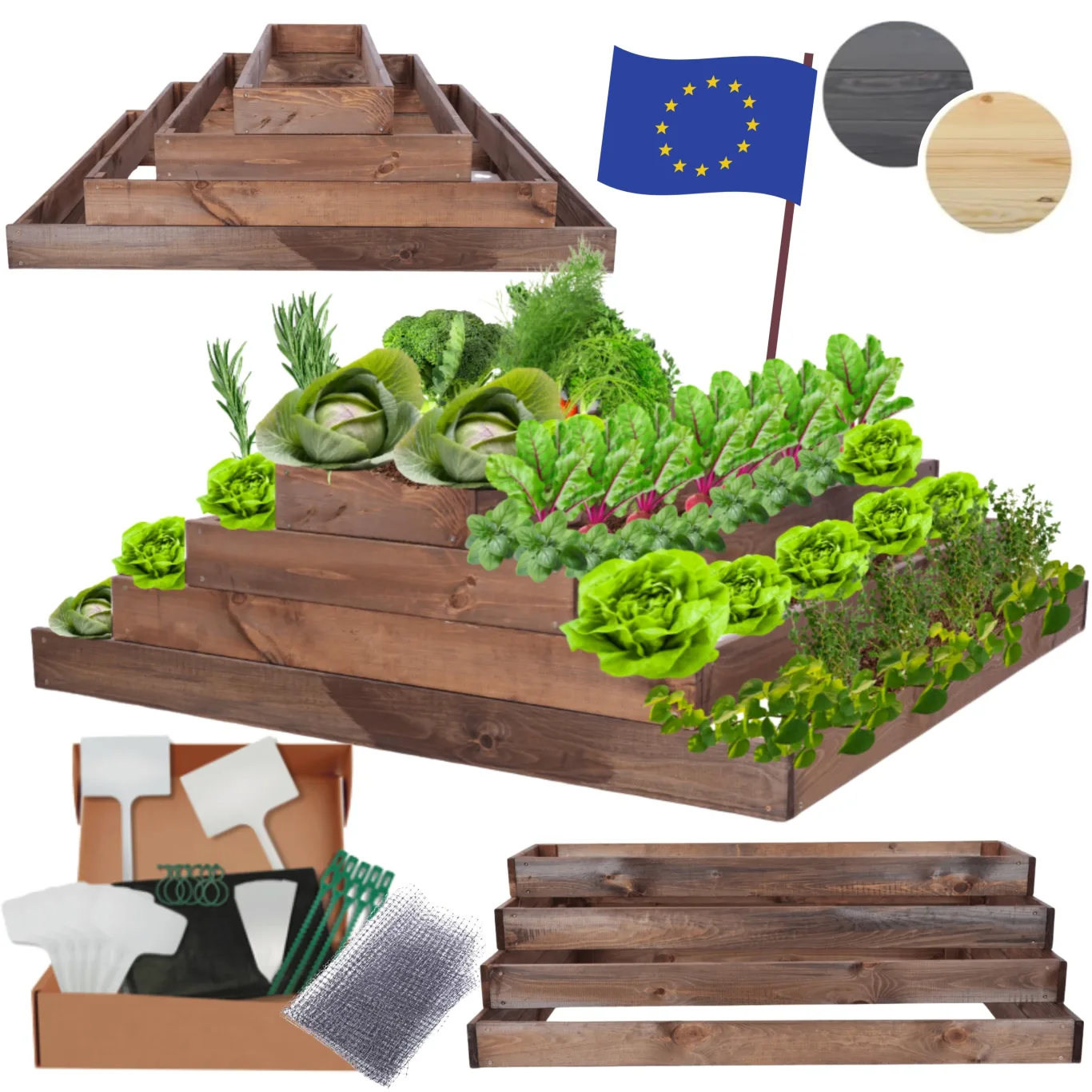Hochbeet Holz, Kräuterbeet, Gartenbeet, Pflanzbeet, Blumenbeet, Stufenbeet, für Garten und Terrasse, Kiefernholz, Massivholz, höhenverstellbar, Abmessungen 36x117x100 cm, Farbe: Braun - Bild 1
