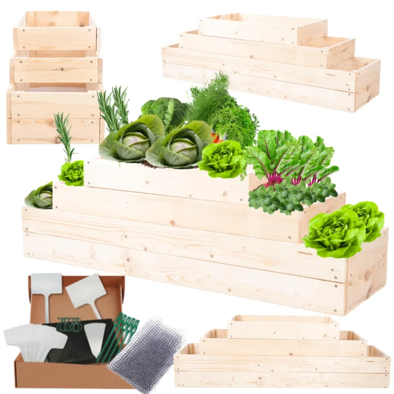 Hochbeet Holz, Kräuterbeet, Gartenbeet, Pflanzbeet, Blumenbeet, Stufenbeet, für Garten und Terrasse, Kiefernholz, Massivholz, höhenverstellbar, Abmessungen 36x117x30 cm, Farbe: Natur – Bild 1