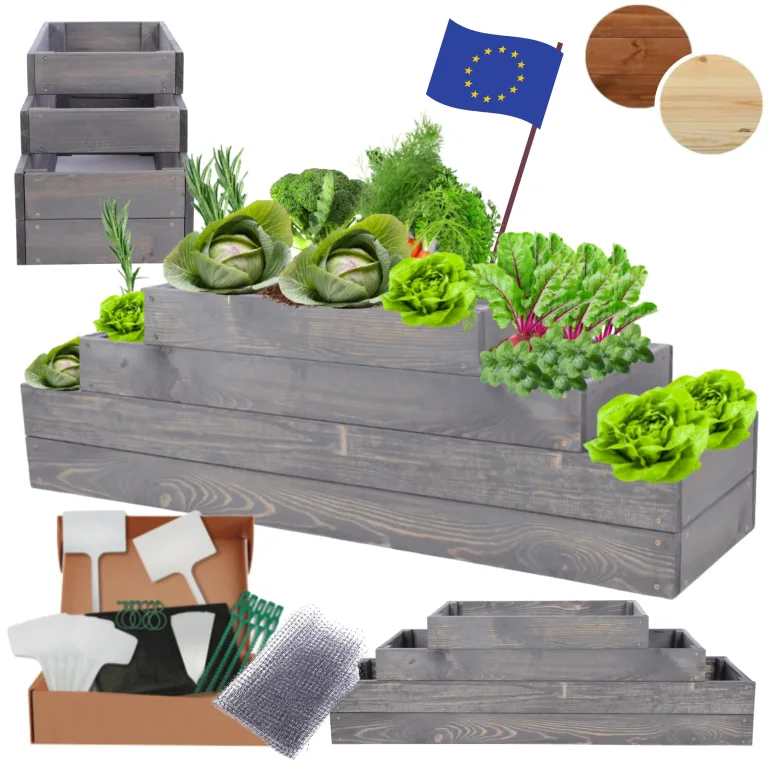 Hochbeet Holz, Kräuterbeet, Gartenbeet, Pflanzbeet, Blumenbeet, Stufenbeet, für Garten und Terrasse, Kiefernholz, Massivholz, höhenverstellbar, Abmessungen 36x117x30 cm, Farbe: Grau – Bild 1