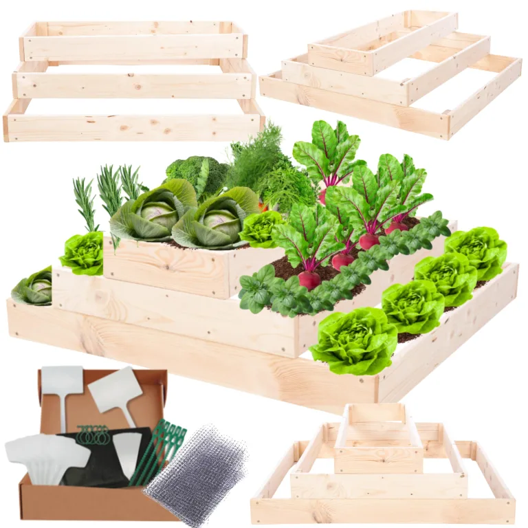 Hochbeet Holz, Kräuterbeet, Gartenbeet, Pflanzbeet, Blumenbeet, Stufenbeet, für Garten und Terrasse, Kiefernholz, Massivholz, höhenverstellbar, Abmessungen 27x117x80 cm, Farbe: Natur – Bild 1