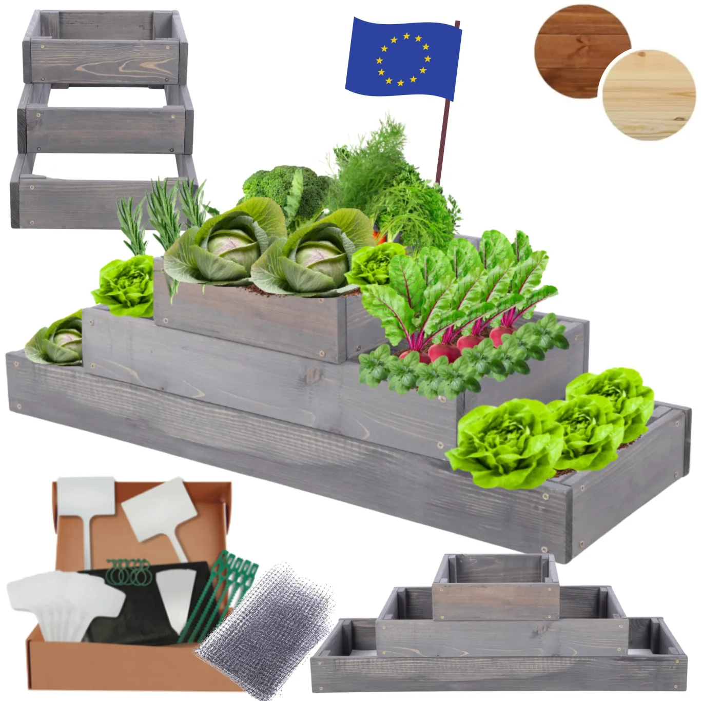Hochbeet Holz, Kräuterbeet, Gartenbeet, Pflanzbeet, Blumenbeet, Stufenbeet, für Garten und Terrasse, Kiefernholz, Massivholz, höhenverstellbar, Abmessungen 27x90x30 cm, Farbe: Grau - Bild 1