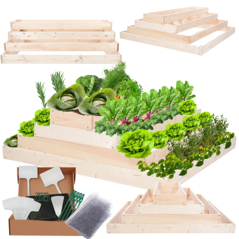Hochbeet Holz, Kräuterbeet, Gartenbeet, Pflanzbeet, Blumenbeet, Stufenbeet, für Garten und Terrasse, Kiefernholz, Massivholz, höhenverstellbar, Abmessungen 36x117x120 cm, Farbe: Natur – Bild 1