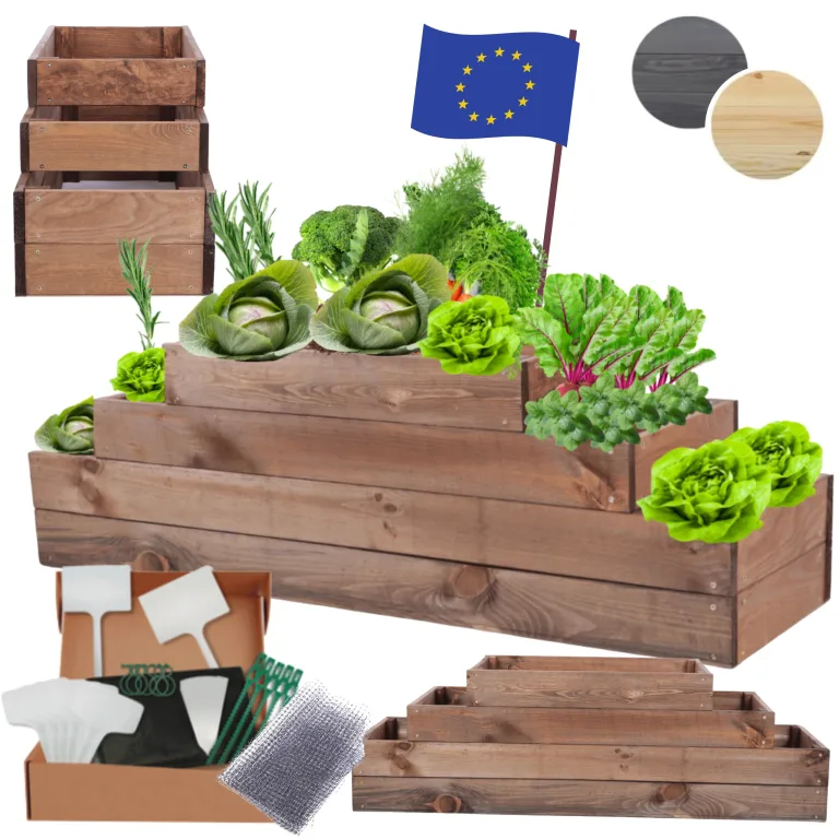 Hochbeet Holz, Kräuterbeet, Gartenbeet, Pflanzbeet, Blumenbeet, Stufenbeet, für Garten und Terrasse, Kiefernholz, Massivholz, höhenverstellbar, Abmessungen 36x117x30 cm, Farbe: Braun – Bild 1