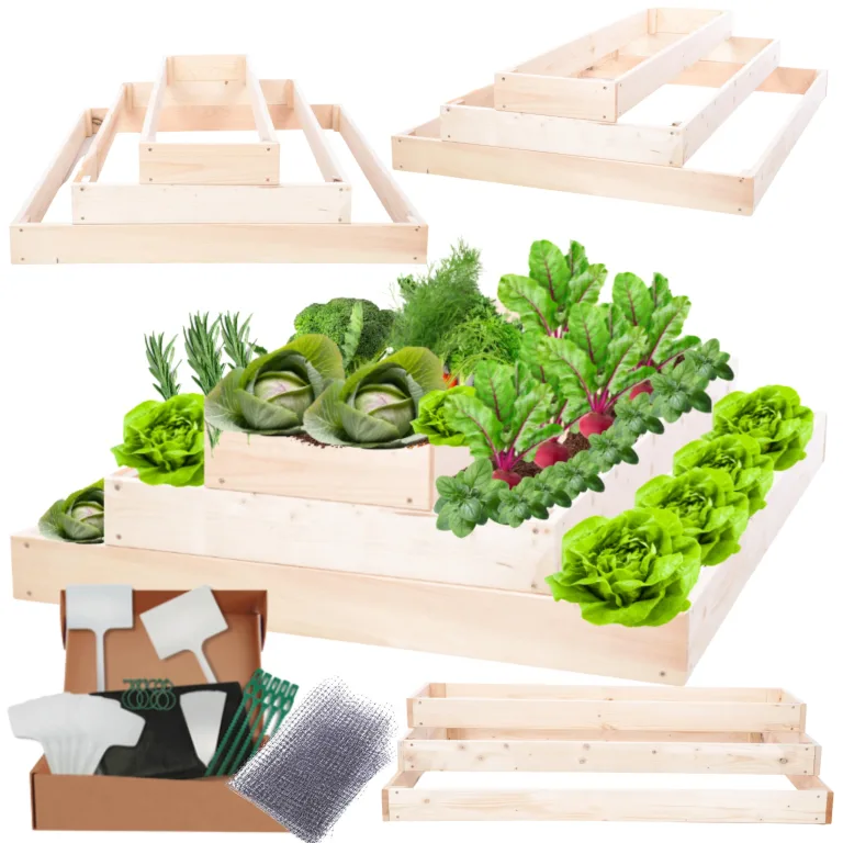 Hochbeet Holz, Kräuterbeet, Gartenbeet, Pflanzbeet, Blumenbeet, Stufenbeet, für Garten und Terrasse, Kiefernholz, Massivholz, höhenverstellbar, Abmessungen 27x90x120 cm, Farbe: Natur – Bild 1