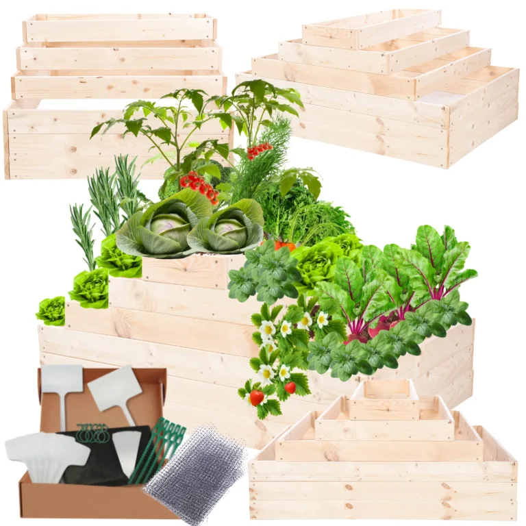 Hochbeet Holz, Kräuterbeet, Gartenbeet, Pflanzbeet, Blumenbeet, Stufenbeet, für Garten und Terrasse, Kiefernholz, Massivholz, höhenverstellbar, Abmessungen 54x117x90 cm, Farbe: Natur – Bild 1