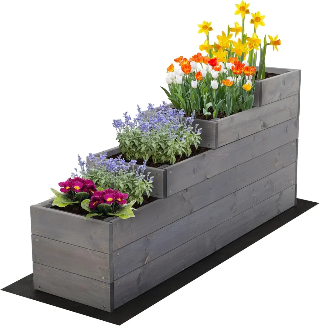 Hochbeet Holz, 4-stufiger Pflanzkasten, Blumenkasten, Gemüsebeet, Kräuterbeet, Anzuchtset, Anzuchtkasten, mit Gartenvlies als Unterlage und Schrauben, Abmessungen 54x30x120 cm, Farbe: Grau