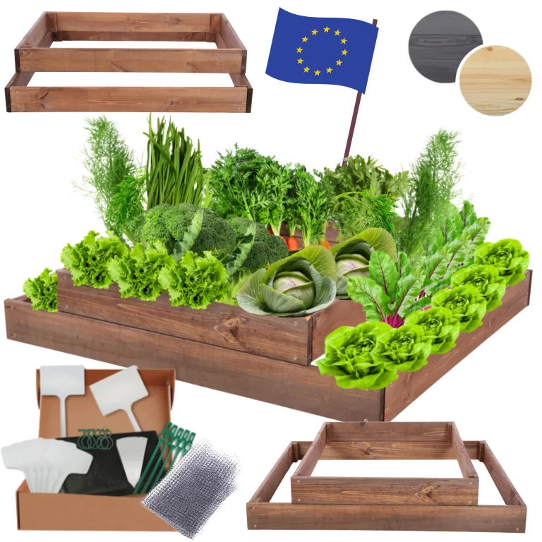 Hochbeet Holz, Kräuterbeet, Gartenbeet, Pflanzbeet, Blumenbeet, Stufenbeet, für Garten und Terrasse, Kiefernholz, Massivholz, höhenverstellbar, Abmessungen 18x90x90 cm, Farbe: Braun – Bild 1
