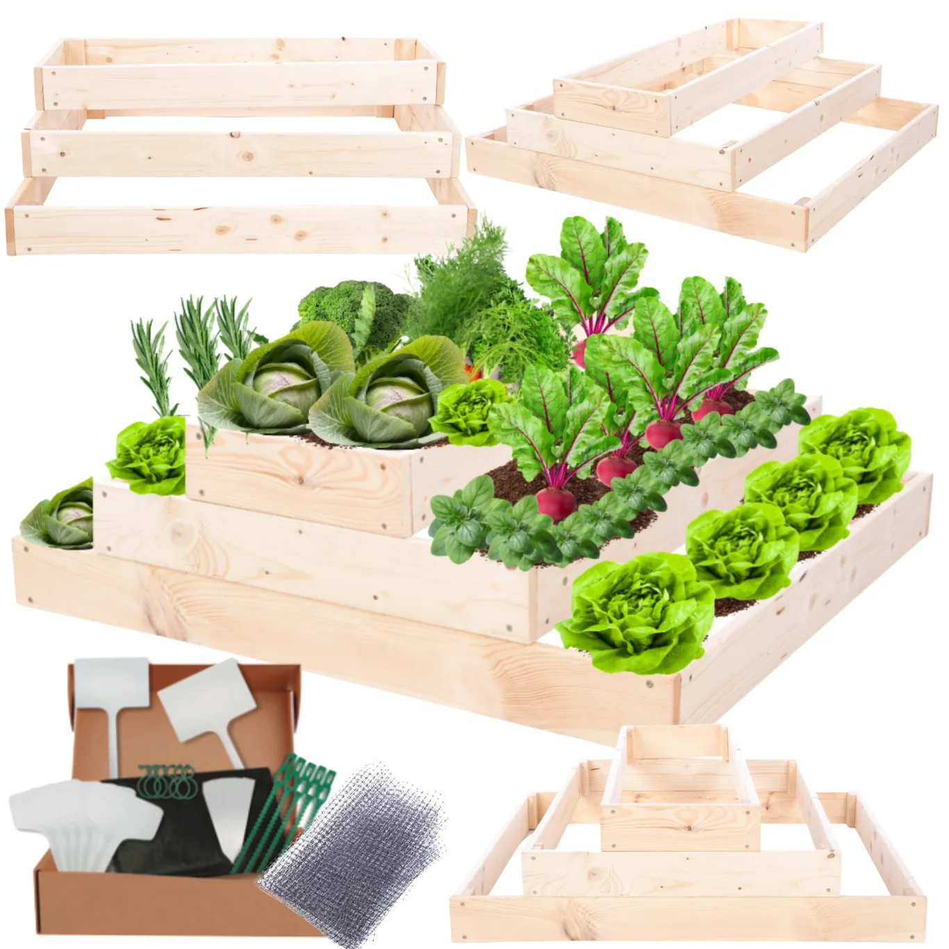 Hochbeet Holz, Kräuterbeet, Gartenbeet, Pflanzbeet, Blumenbeet, Stufenbeet, für Garten und Terrasse, Kiefernholz, Massivholz, höhenverstellbar, Abmessungen 27x117x60 cm, Farbe: Natur - Bild 1