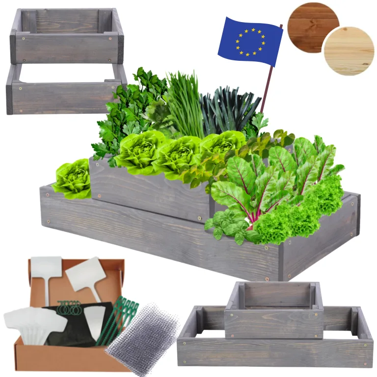 Hochbeet Holz, Kräuterbeet, Gartenbeet, Pflanzbeet, Blumenbeet, Stufenbeet, für Garten und Terrasse, Kiefernholz, Massivholz, höhenverstellbar, Abmessungen 18x60x30 cm, Farbe: Grau – Bild 1