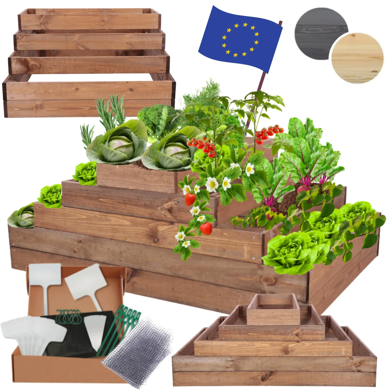 Hochbeet Holz, Kräuterbeet, Gartenbeet, Pflanzbeet, Blumenbeet, Stufenbeet, für Garten und Terrasse, Kiefernholz, Massivholz, höhenverstellbar, Abmessungen 45x117x90 cm, Farbe: Braun - Bild 1