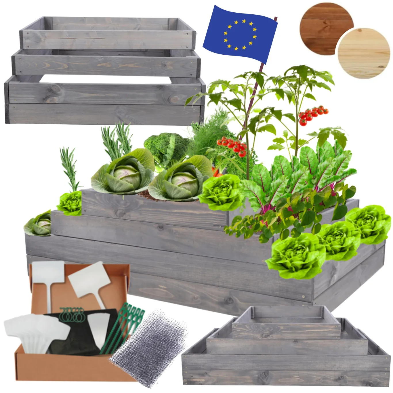 Hochbeet Holz, Kräuterbeet, Gartenbeet, Pflanzbeet, Blumenbeet, Stufenbeet, für Garten und Terrasse, Kiefernholz, Massivholz, höhenverstellbar, Abmessungen 36x117x80 cm, Farbe: Grau - Bild 1