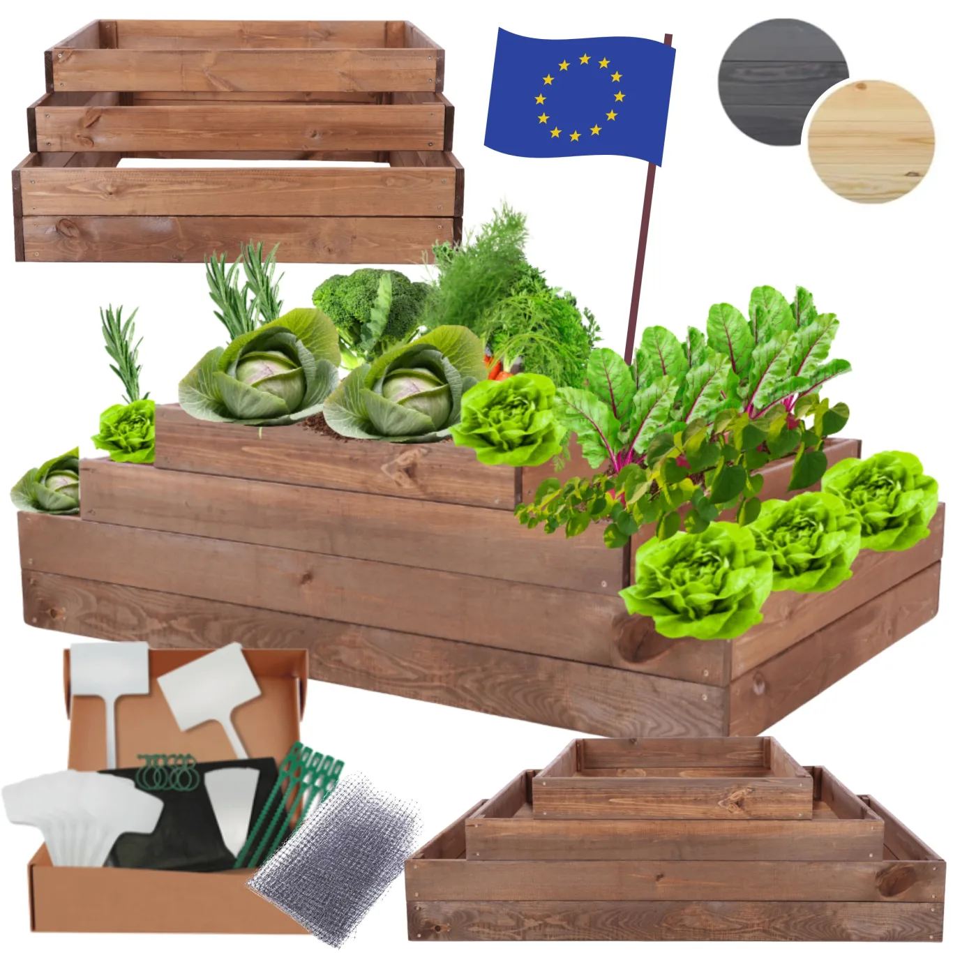 Hochbeet Holz, Kräuterbeet, Gartenbeet, Pflanzbeet, Blumenbeet, Stufenbeet, für Garten und Terrasse, Kiefernholz, Massivholz, höhenverstellbar, Abmessungen 36x117x60 cm, Farbe: Braun - Bild 1
