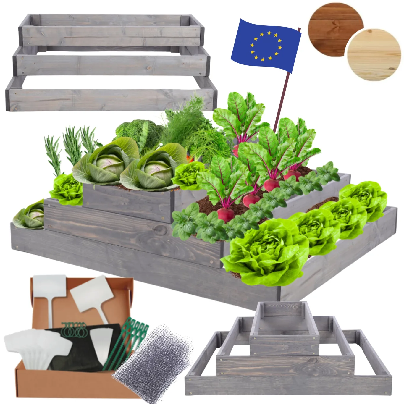 Hochbeet Holz, Kräuterbeet, Gartenbeet, Pflanzbeet, Blumenbeet, Stufenbeet, für Garten und Terrasse, Kiefernholz, Massivholz, höhenverstellbar, Abmessungen 27x90x80 cm, Farbe: Grau - Bild 1