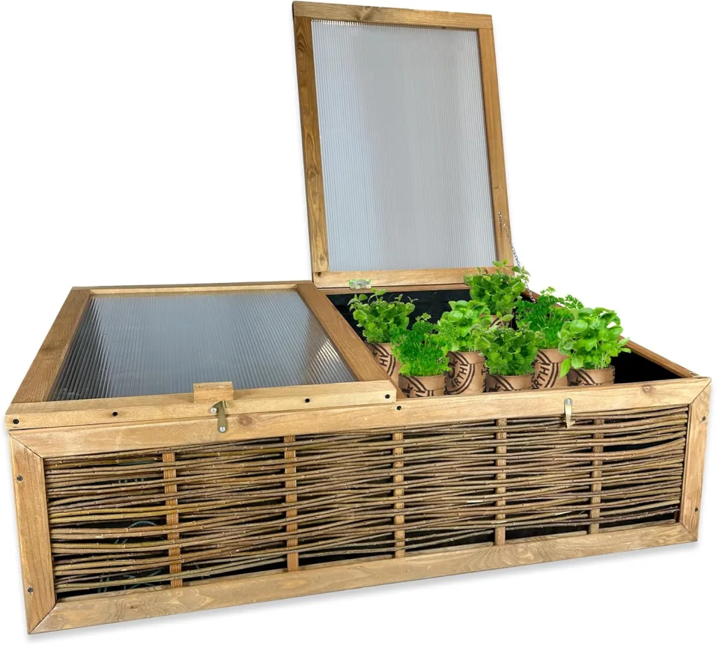 GARTENETAGE Frühbeet mit Weidengeflecht – Witterungsbeständiges Mini-Gewächshaus 120x80x35/45 cm mit schützender Abdeckung für Kräuter- und Gemüseanbau