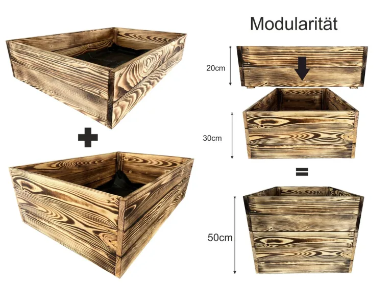 Lermowoood Hochbeet aus Holz 60x40x20 cm Geflammt – Pflanzkasten für Gemüse & Kräuter – mit Agrovließ – steckbar & stapelbar- Aussenbereich ideal für Garten, Balkon & Terrasse – Bild 5