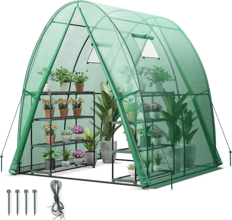 GOPLUS Gewächshaus, Tomatengewächshaus mit PE-Abdeckung & Metallrahmen, begehbares Foliengewächshaus mit Aufrollfenster & Aufrolltor, Treibhaus für Blumen, Pflanzen, 181 x 181 x 200 cm (Grün) – Bild 1