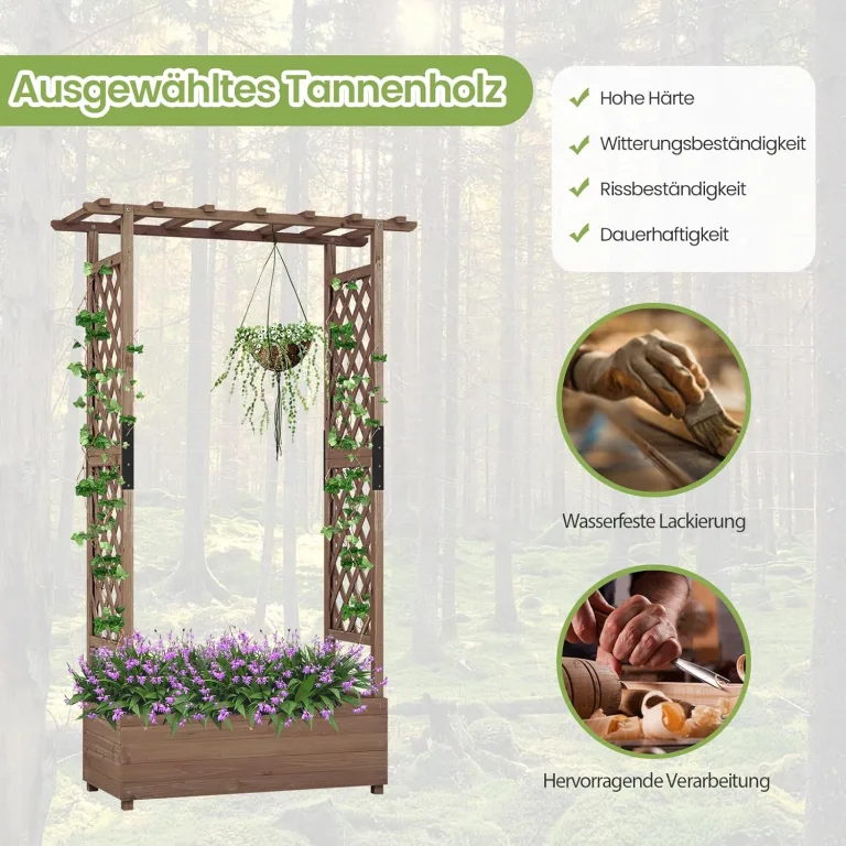 GOPLUS Hochbeet mit Rankgitter, Blumenkasten mit hängendem Dach & Ablauflöchern, Pflanzkasten Rankhilfe Pflanzkübel für Garten, Terrasse, Hof (110 x 44 x 182 cm,Braun) – Bild 5