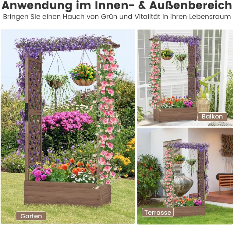 GOPLUS Hochbeet mit Rankgitter, Blumenkasten mit hängendem Dach & Ablauflöchern, Pflanzkasten Rankhilfe Pflanzkübel für Garten, Terrasse, Hof (110 x 44 x 182 cm,Braun) – Bild 6