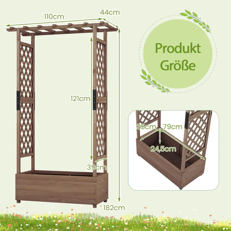 GOPLUS Hochbeet mit Rankgitter, Blumenkasten mit hängendem Dach & Ablauflöchern, Pflanzkasten Rankhilfe Pflanzkübel für Garten, Terrasse, Hof (110 x 44 x 182 cm,Braun) – Bild 7